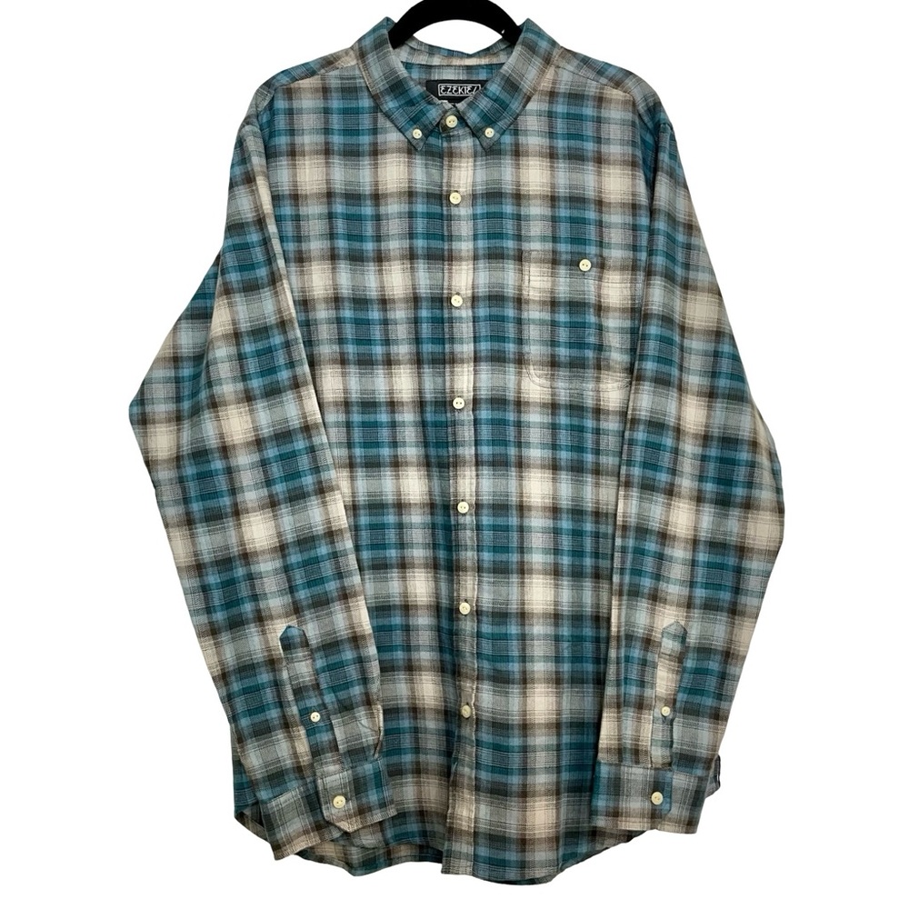NWT Ezekiel Deep Teal Plaid Button Down Shirt Mens Large Cotton Blend